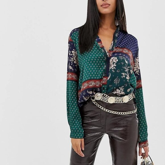 Pretty Little Thing Blouse Size 6 Blue Green Patchwork Print Oversized Button Up - Picture 2 of 9